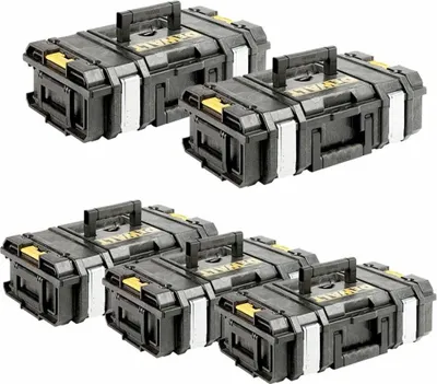 A set of five DeWALT toolboxes are arranged in two rows on a white background.