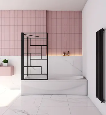 A modern bathroom with a bathtub, shower screen, pink tiles, and a black radiator.