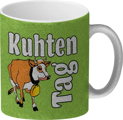 Produktbild von Kuhten Tag Glitzer-Kaffeebecher in grün mit Kuh zum Thema Bauernhof