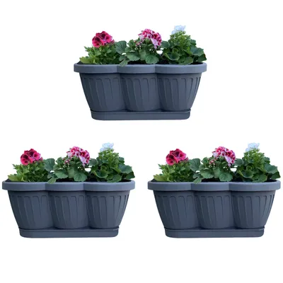 Produktbild von 3er Set 40cm Blumenkasten Balkonkasten Pflanzkasten Anthrazit im Wellendesign inkl. passenden Bewässerungsuntersetzer