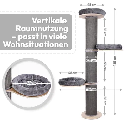 Produktbild von Kratzbaum wandmontiert 185 cm hoch, XXL Katzenbaum Premium Sisal Säulen, 3 Plattformen Kissen abnehmbar & waschbar I Stabiler & Platzsparender Katzenkratzbaum, Grau