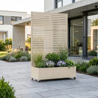 Image de Cloison 'Nodepp' avec jardinière, dimensions 190 x 120 x 38 cm, 4 rouleaux, pour intérieur et extérieur, résistante aux intempéries, en acier, couleur beige "ail"