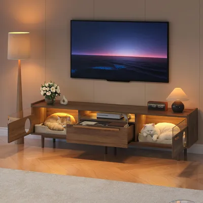 Immagine prodotto di Mobile TV Merax con grotta per gatti, illuminazione LED, mobile TV basso per gatti con 2 ante, cassetti, mobile TV, casa per gatti, 180x40x50 cm, noce