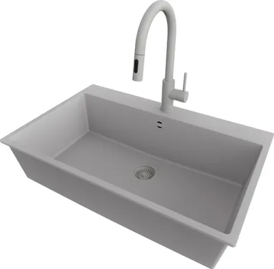 Produktbild von PRIMAGRAN Granitspüle Grau 78x50cm, Spülbecken 1 Becken + Küchenarmatur 40x20cm + Ablauf-Set, Küchenspüle ab 80er Unterschrank - Riga