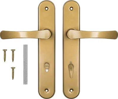 A set of door handles and screws on a white background.