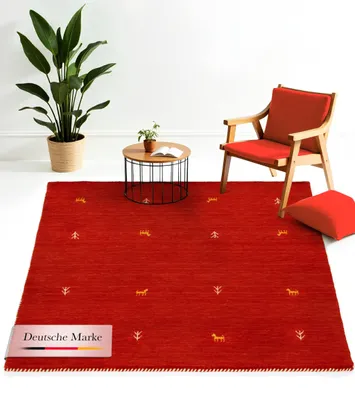 Produktbild von Wollteppich Gabbeh Uni Quadratisch Rot 120x120 cm | Moderner Teppich für Wohn- und Schlafzimmer