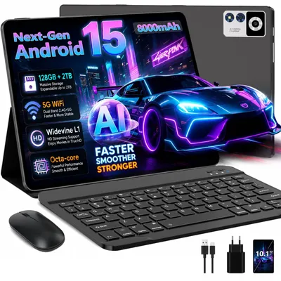 Produktbild von Android 15 Tablet 10 Zoll Gemini AI 30GB RAM+128GB ROM TF 1TB 5G WLAN Octa-Core 2GHz Widevine L1 8000mAh BT 5 GPS Face ID Tablet mit Tastatur Maus Schwarz