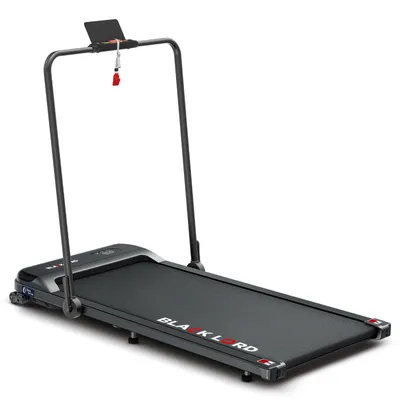 A black treadmill is shown from a diagonal angle against a white background.
