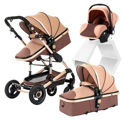 Obrázok produktu pre Kombinovaný kočík s autosedačkou, 4-kolesový kočík, skladací, nastaviteľný, dizajn vysokej stoličky, gumové kolesá, khaki