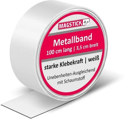 Produktbild von Metallband 100 x 3,5 cm selbstklebend mit Schaumstoff I Stahlblech als Haftgrund für Magnete, Tonies I Magnet-Wandleiste zuschneidbar I weiß glänzend I starke Klebekraft I mag063