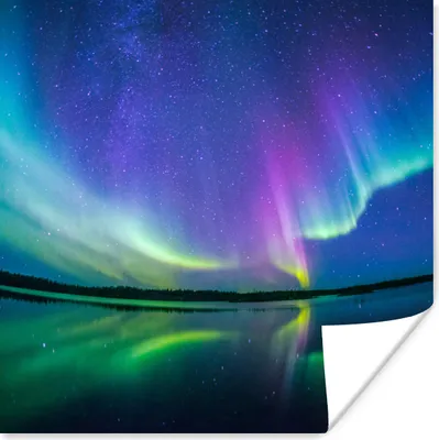 Produktbild von MuchoWow® Poster Nordlicht - Sternenhimmel - Reflexion 50x50 cm - Wohnzimmerdekoration