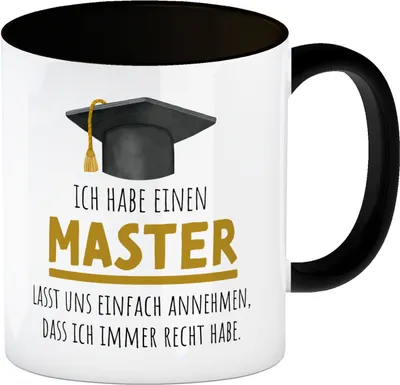 Produktbild von Master bestanden Kaffeebecher in schwarz mit Spruch Masterabschluss ich habe
