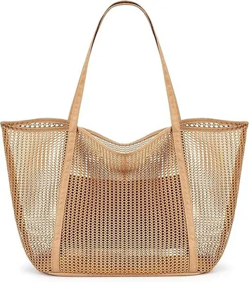 Produktbild von Strand Netz Einkaufstasche, Damen Schultertasche, Einkaufstasche, Khaki,Für Frauen,27L