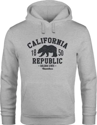 Produktbild von Hoodie Herren California Republic Kalifornien Grizzly Bär Bear Aufdruck Print Kapuzen-Pullover Männer Neverless® grau XXL