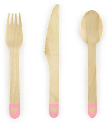Produktbild von 18-teiliges Holzbesteck-Set in Rosa mit Herz-Motiv, 16 cm Einweg - Einheitsgröße