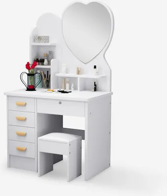 Produktbild von Schminktisch mit herzförmigen Spiegel und Hocker für Schlafzimmer Clara