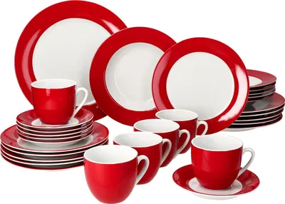 Produktbild von 30tlg Kombiservice Variant Rot Porzellan 6 Personen Tassen Untertassen Teller