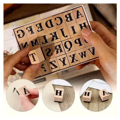 Produktbild von 28 Stück Holzstempel mit Buchstaben, Vintage AZ Alphabet Gummistempel Set für DIY Handwerk und Scrapbooking