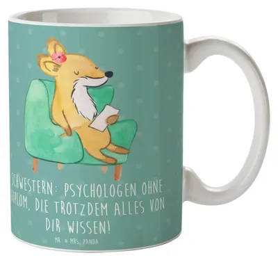 Produktbild von Mr. & Mrs. Panda Bedruckte Tasse Schwestern Psychologen - Meeresbrise - Geschenk, Geschenktasse, kaffeetasse bedruckt, Kaffeebecher, Liebe, Schwester, Verwandte, Familie