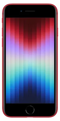 A red iPhone SE (2022) with a colorful striped wallpaper displayed on its screen.