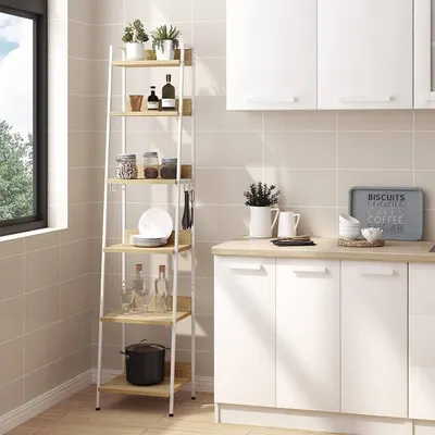 Produktbild von WOLTU Standregal mit 6 Ebenen, Küchenregal mit 4 Haken, Bücherregal im Industriestil, Lagerregal im Wohnzimmer Küche, Regal aus MDF Metall, schmales Leiterregal Weiß+Hell Eiche