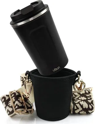 Productafbeelding van Famanu bekerhouder set - Bekerhouder en thermosbeker met schouderriem - Beige