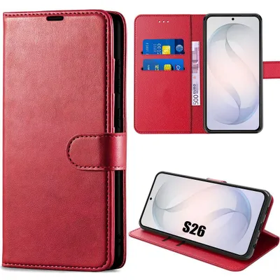Image de Coque pour Samsung Galaxy S26, Protection Rabat Anti-Rayures Antichoc Synthécuir Rouge