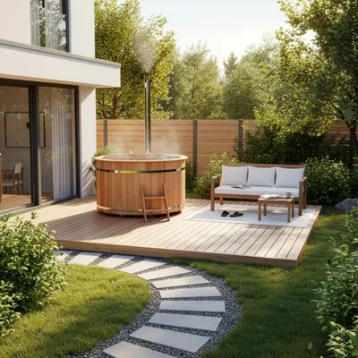 Produktbild von FinnTherm Holz Badefass Bergen, Hot Tub Ø 160 x 110 cm für 3 -4 Personen, inkl. Edelstahl-Ofen 22 kW, Einstiegsleiter & Sitzbänken