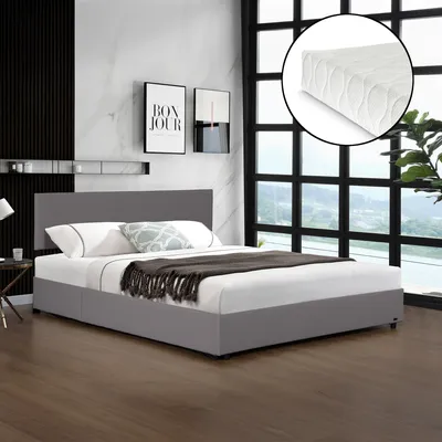 Image de Lit rembourré 'Juva' lit double avec matelas coffre de lit et sommier à lattes relevable 140 x 200 cm Cordon gris