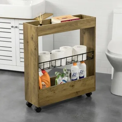 Zdjęcie produktu dla Uchwyt na rolkę papieru toaletowego Rootz do łazienki – wąska półka łazienkowa na kółkach – mobilna półka z 3 półkami