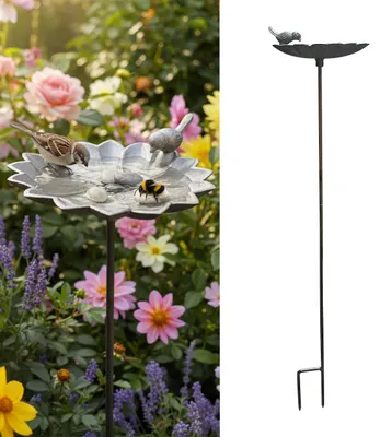 Obrázok produktu pre Napájačka pre vtáky Relaxdays, VxŠxH: 93 x 19,5 x 17 cm, liatina, stojaca, miska na krmivo a vodu pre vtáky, tvar kvietku, hnedá
