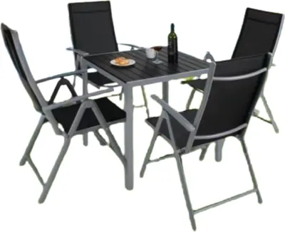 Produktbild von 5-teiliges Balkonset – Gartenmöbel mit Tisch & 4 Klappstühlen – Aluminium – Verstellbare Rückenlehnen – Schwarz/Grün/ Holzoptik