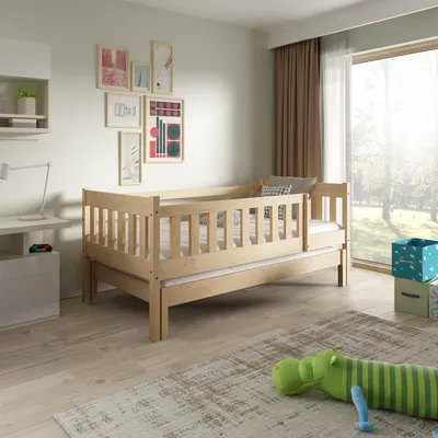 Produktbild von Masseno Kinderbett STELLA 80x160 cm mit Rausfallschutz, Einzelbett für Mädchen und Jungs, Kiefernholz