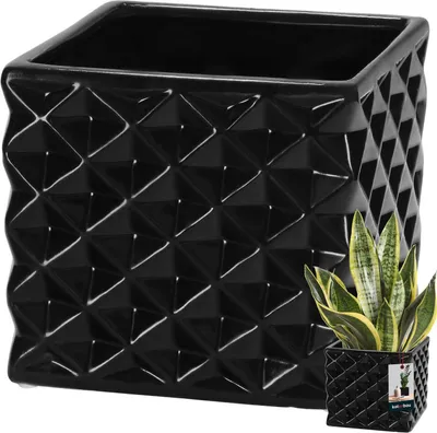 Produktbild von KOTARBAU® Blumentopf Keramik glasiert Quadratisch Schwarz 14 x 14 cm H 13 cm Übertöpfe für Zimmerpflanzen Orchideen & Sukkulenten Topf Pflanzen Töpfe Blumen Übertopf Blumentopf viereckig Piano Kollektion
