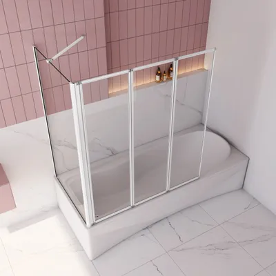 Produktbild von 120x140cm Weiß 3-ftg. Faltbare mit 80cm Seitewand Badewanneaufsatz 4mm ESG Sicherheitsglas