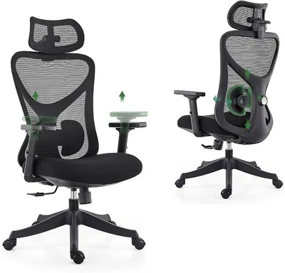 Imagen del producto de Silla de oficina ergonómica, silla de escritorio con reposacabezas ajustable, reposabrazos, soporte lumbar y función de inclinación – Silla giratoria de malla transpirable, silla para videojuegos, silla de oficina, capacidad de 150 kg, color