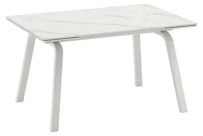 Productafbeelding van Uittrekbare tafel Dylan met een matwit keramisch tafelblad en witte metalen poten – Afmetingen 140/200 x 80 cm – Modern design