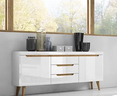 Produktbild von BETTSO Kommode Nodis Weiß Glanz – Moderne Kommode mit Eiche, geräumig und funktional, ideal für Schlafzimmer, Wohnzimmer oder Büro