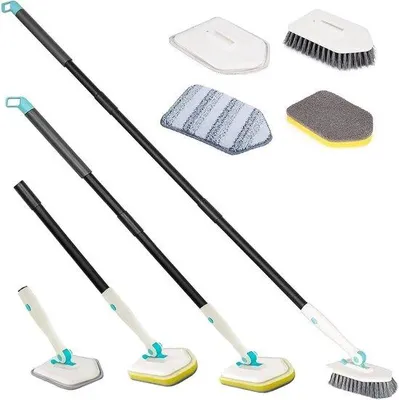 Produktbild von Uitklappbare Reinigungsbürste für Badezimmerkacheln - Badezimmer-Toiletten-Bürste - Langer Stab für Dusche - Mikrofaserkopf - Schleifkissen Schrubber mit Stab