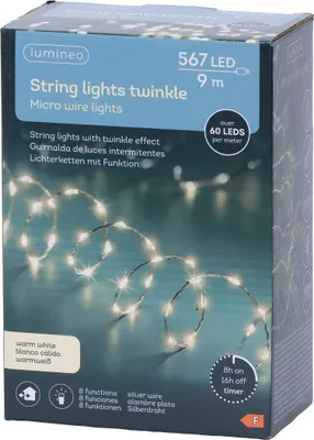 The image shows the packaging of Lumineo string lights, with a visual representation of the product on the front.