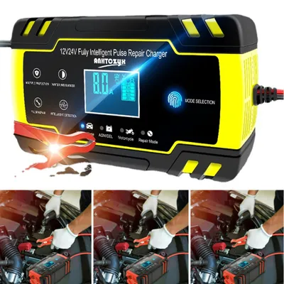 Produktbild von Profi Batterieladegerät(Gelb),12V/8A 24V/4A intelligentes automatisches Batterieladegerät, Wartungsgerät mit LCD-Display, Impulsreparatur-Ladegerät für Auto,Rasen,Mäher,Motorrad,Boot,SUV und mehr
