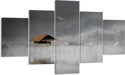 Produktbild von Bild auf Leinwand - Leinwandbild - 5 Teile - Hütte Nebel Sumpf - 125x70cm - Wand Bild - Wanddeko - Wandbilder - Leinwanddruck - Bilder - Wanddekoration - Leinwand bilder - Wandbild - EA125x70-4896
