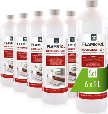 A group of six bottles of bioethanol fuel for fireplaces.