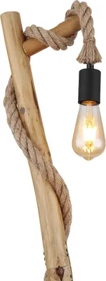 A close-up studio shot of a floor lamp made of wood and rope, with a light bulb.