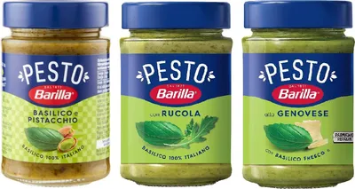 Produktbild von Testpaket Barilla grünes Pesto Basilico e Rucola Pesto genovese Pesto pistacchio esto Basilico e Pistacchio Pesto mit Basilikum und Pistazien 3x 190g