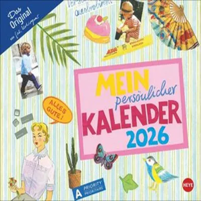 A collage of various elements, including images of children, a fan, a cake, plants, and text, arranged around a central pink square with the title 'Mein persönlicher Kalender 2026'.