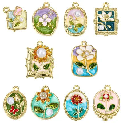 Blumenanhänger für Schmuck, 10 Stück, Emaille, gold, Vintage
