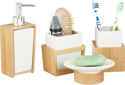Produktbild von Famanu Badezimmeraccessoires Set - 4-teilig - Seifenspender 250 ml - Keramik - Bambus