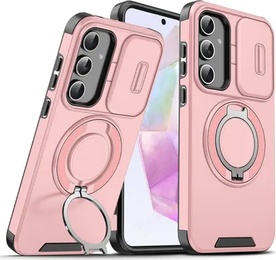 Immagine prodotto di Custodia a doppio strato per Samsung Galaxy A56 / A36, con copertura scorrevole della fotocamera e supporto ad anello magnetico Rosa