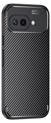 A black carbon fiber textured phone case with a camera cutout on a black background.